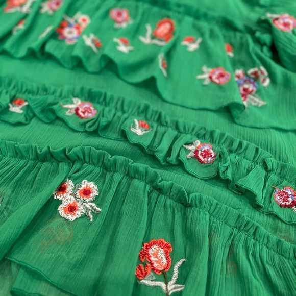 [M] Zara Women Flouncy Green Embroidered Flower Tiered Blouse - Picture 6 of 12